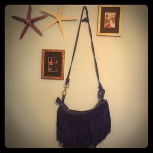 Blue leather fringe bag